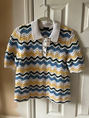 Talbots Multicolor Chevron Knit Polo in White, Blue, Yellow & Green